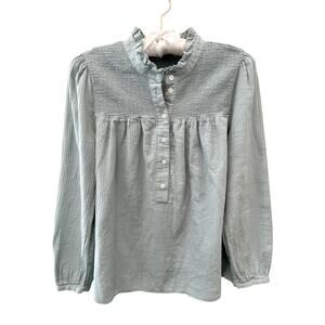 J.CREW | Pale Blue Smocked Yoke Ruffle Neck Blouse Top Cottagecore | Small